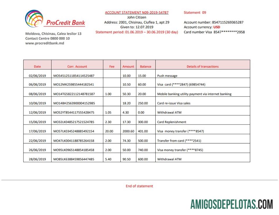 Exemplo de molde do Banco Procredit da Moldávia